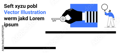 Hand holding a key in bold color block design beside a person examining with a magnifying glass. Ideal for access, research, analysis, security, problem-solving, abstraction, simple landing page