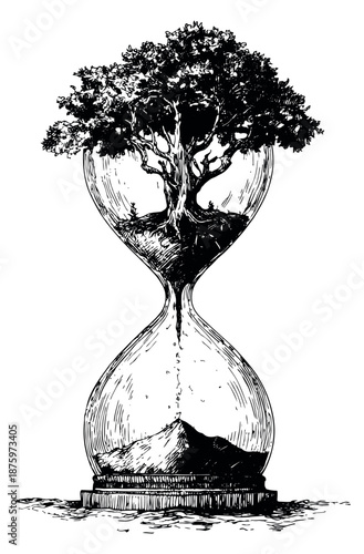 Hand drawn line art illustration of an hourglass depicting a tree growing in its upper bulb and mountains forming in its lower bulb