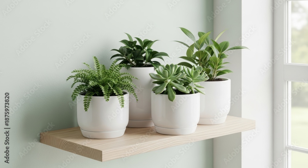 Obraz premium Several potted green plants arranged on a light wooden shelf in a bright indoor setting, showcasing natural decor elements.