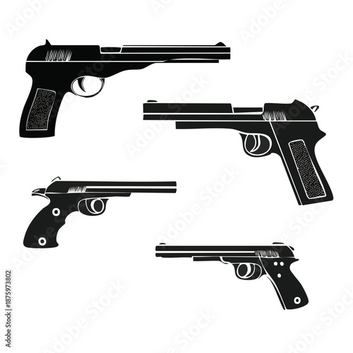 Illustrations of various handguns from different viewpoints