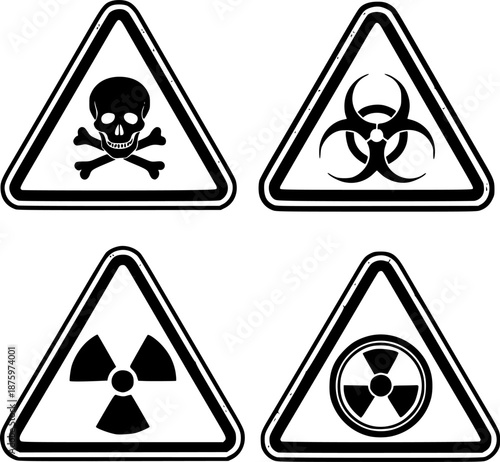 Set of warning signs with a skull, biohazard, radioactive and fallout symbols in yellow triangle sign vector illustration
