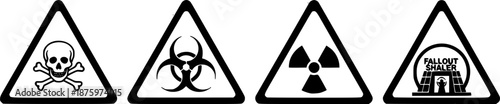 Set of warning signs with a skull, biohazard, radioactive and fallout symbols in yellow triangle sign vector illustration

