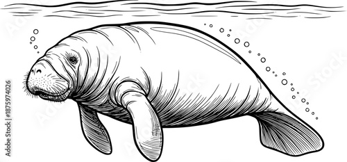 Black and white illustration of a swimming manatee in vintage style art. Vector illustration
