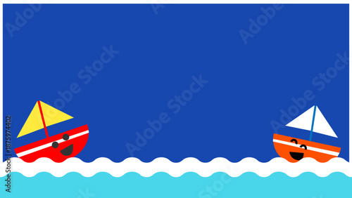 夜の海を進むかわいい船のキャラクターの背景イラスト