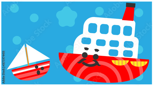 大小の船が並ぶかわいい船のキャラクターイラスト