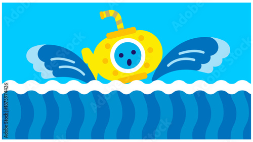 海を進むかわいい潜水艦のキャラクターイラスト