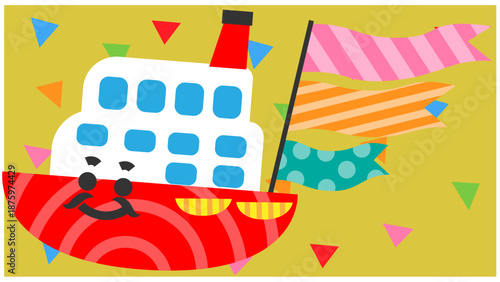 旗を掲げたかわいい船のキャラクターのイラスト