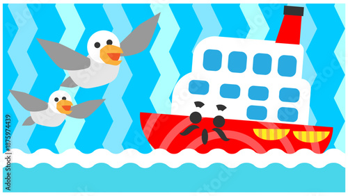 かもめが飛ぶ昼の海を進むかわいい船のキャラクターイラスト