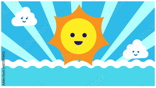 笑顔の太陽が輝く昼の空と海のかわいい背景イラスト