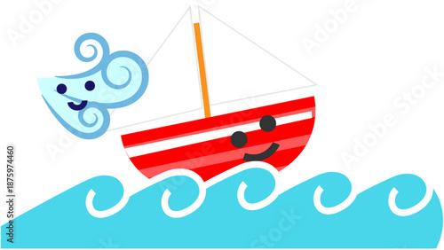 波に揺れるかわいいヨットと風のイラスト