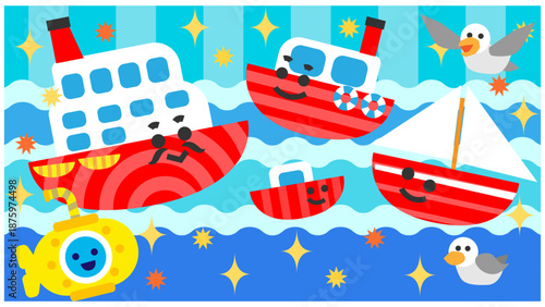 夜空を進む かわいい船と潜水艦の乗り物イラスト