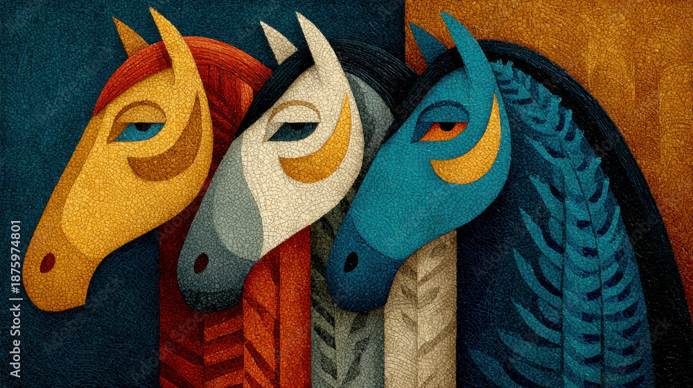 Obraz premium A stylized artistic illustration depicting three horses in a decorative and symbolic manner. 