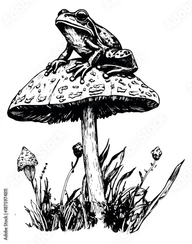 Hand drawn line art illustration of a frog depicting it sitting on a toadstool for nature concepts