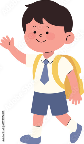 Cute kindergarten boy in yellow uniform waving hello. New semester greeting vector illustration.