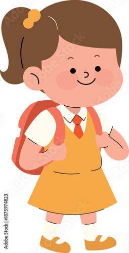 Cute kindergarten girl in yellow uniform walking with a backpack. Back to school vector illustration.