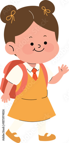 Happy kindergarten girl in yellow uniform waving hand. Hello and greeting concept vector illustration.