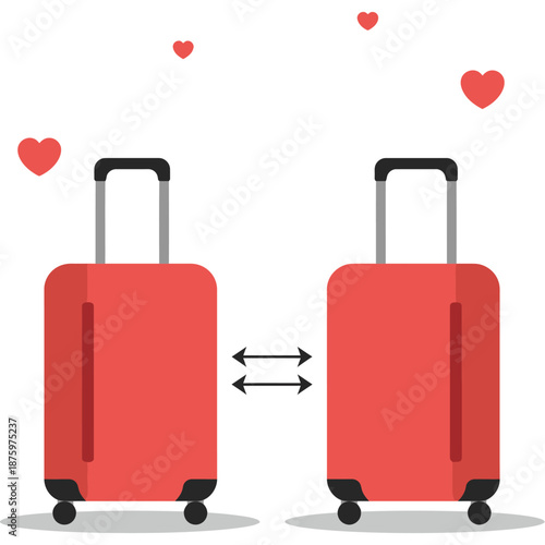 Two Red Suitcases with Hearts - Travel and Love Illustration with Extendable Handles and Wheels