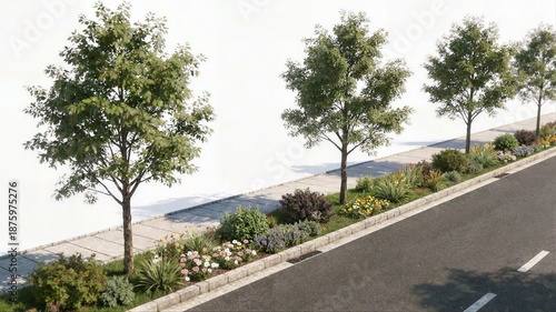 Detailed view of a roadside garden strip featuring healthy green trees and a vibrant mix of ornamental flowers and shrubs along a paved sidewalk.