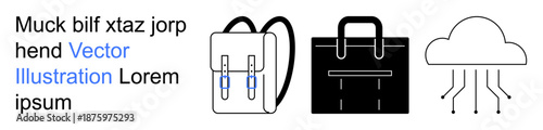 Education, business, technology, mobility, cloud storage, digital data. Minimalist backpack, briefcase and cloud icons with clean lines. Education and business concept unified with mobility