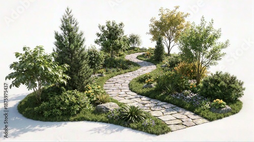 An isolated garden island featuring a winding stone path surrounded by various green trees colorful flowers and decorative rocks on white.