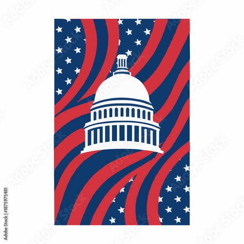 The United States Capitol Building in a swirling patriotic background with stars and stripes