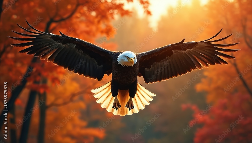 Obraz premium Bald eagle flies over colorful autumn forest during sunset. Majestic bird of prey with widespread wings hunts. Its feathers glow with warm orange light.