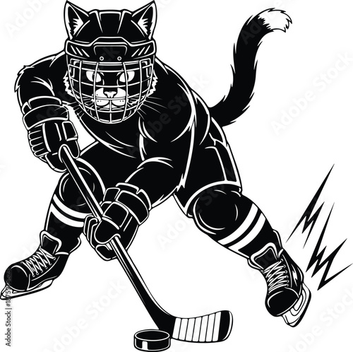 Black and white cat wearing hockey gear holding a hockey stick and puck