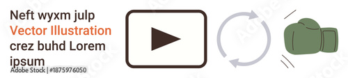 Multimedia playback, recycling process, sports , environmental awareness, video streaming, and circular motion. Play button with arrows circling and a boxing glove. Multimedia playback and recycling