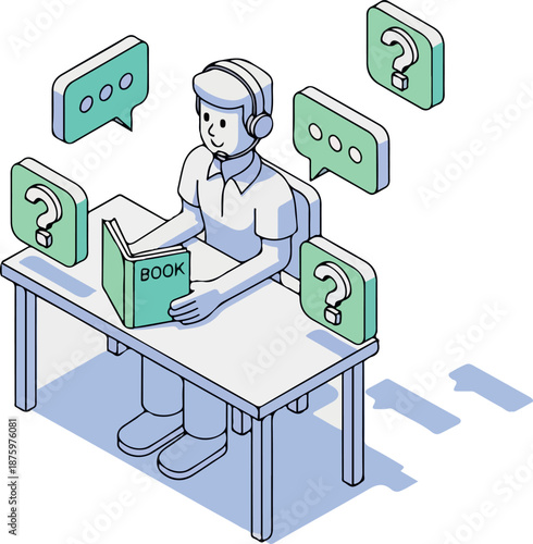 Customer Service Agent Studying A Book With Question Marks And Speech Bubbles