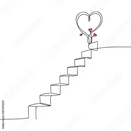Whimsical Heart-Shaped Balloon with Smaller Hearts Floating Up Stairs - Symbolizing Love and Ascension