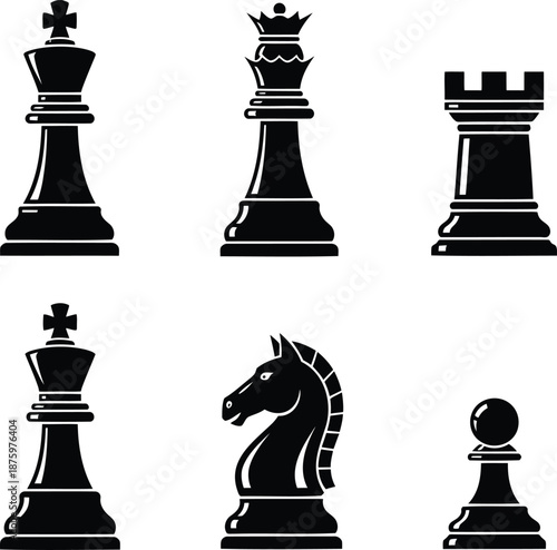 Black chess pieces including king, queen, rook, knight, and pawn on white background