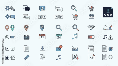 Collection of modern technology and social media icons for business use