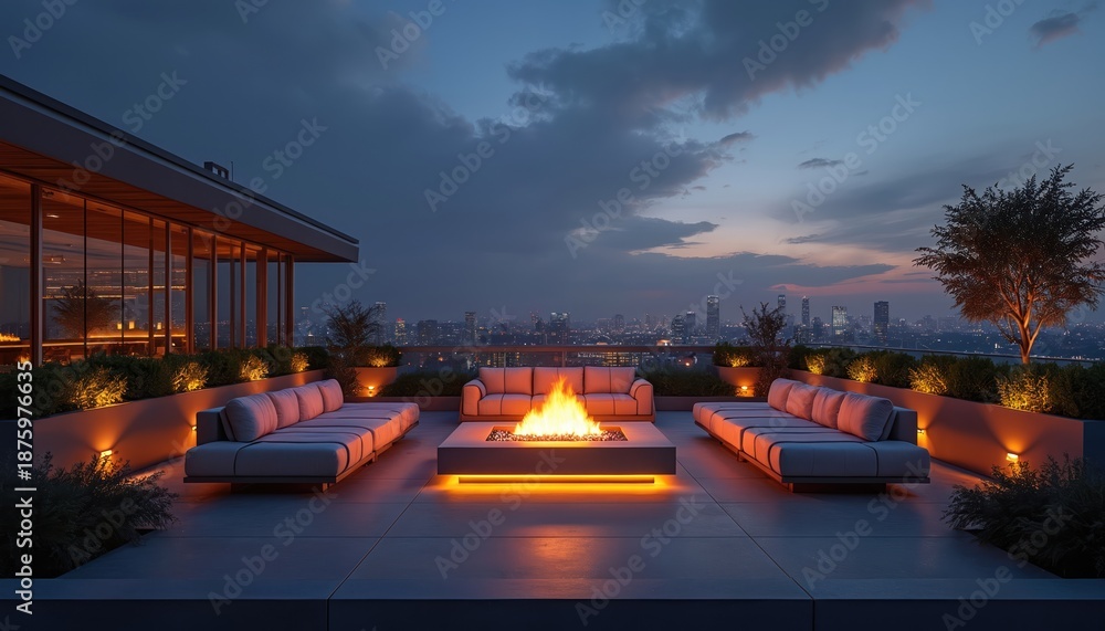 Fototapeta premium Modern rooftop terrace with fire pit and city view. Comfortable lounge sofas offer a place to relax. Evening ambiance with ambient lighting.