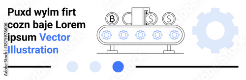 Conveyor with coins labeled B, C, and S, surrounded by gear icons, bold text, and minimalist accents. Ideal for automation, industry, technology production manufacturing engineering process flow
