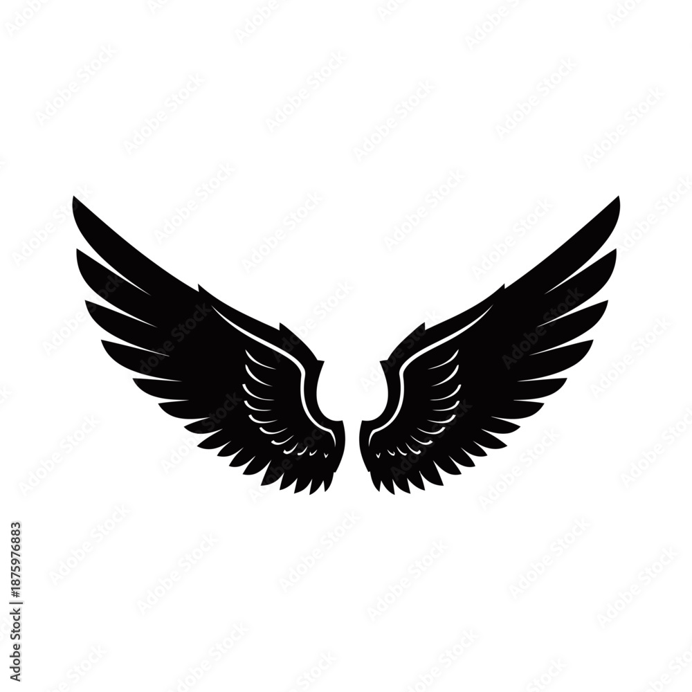 Obraz premium A striking black silhouette of a pair of majestic angel wings spread wide against a white background.