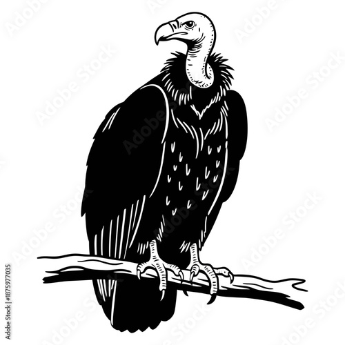Vulture Perched on a Branch, Majestic Bird of Prey, Wild Nature, Black and White Vector Illustration