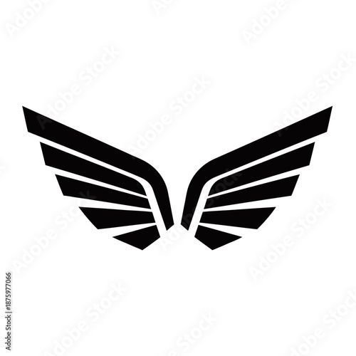 A pair of stylized black wings with multiple feathers, spread wide, symbolizing flight or freedom.
