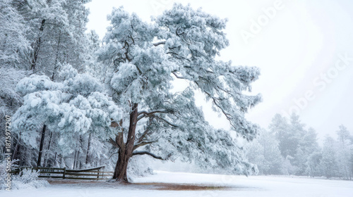 Wallpaper of a large, branching tree standing in a snowy landscape during winter