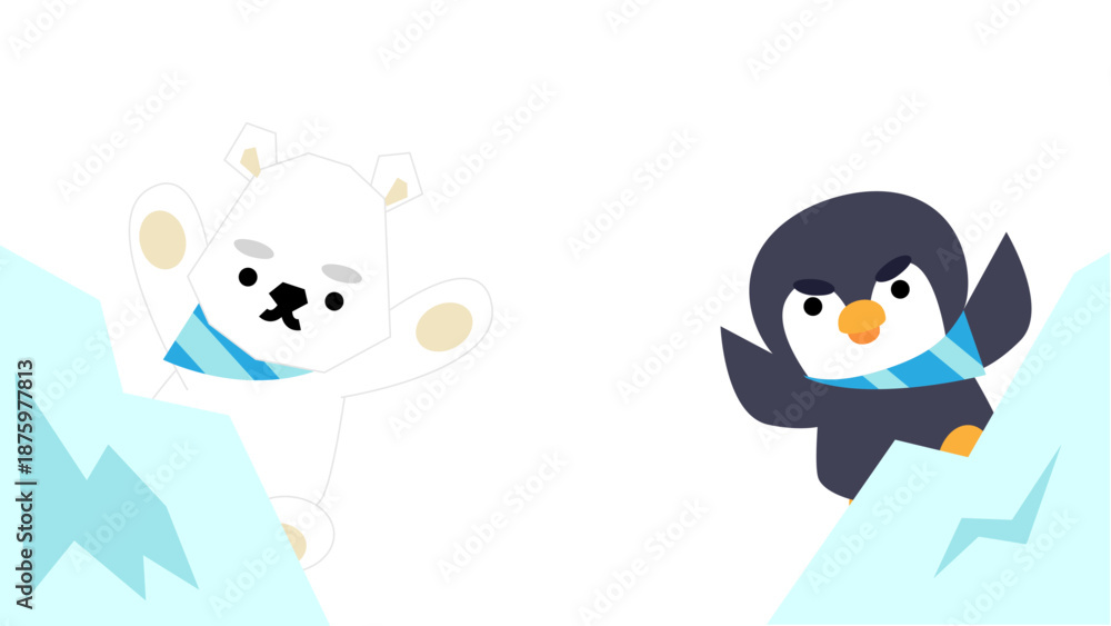 Obraz premium 氷山の上で遊ぶシロクマとペンギンのかわいいイラスト