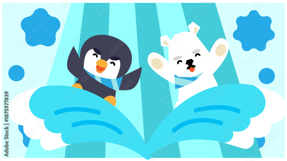 Naklejka premium 雲の上でジャンプするペンギンとシロクマのかわいいイラスト