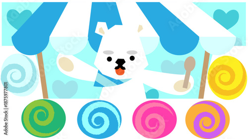 お菓子屋さんで店番をするシロクマのかわいいイラスト