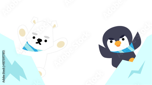 氷山の上で遊ぶシロクマとペンギンのかわいいイラスト