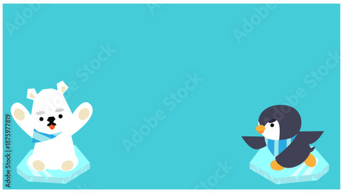 氷の上に座るシロクマとペンギンのかわいい横長イラスト