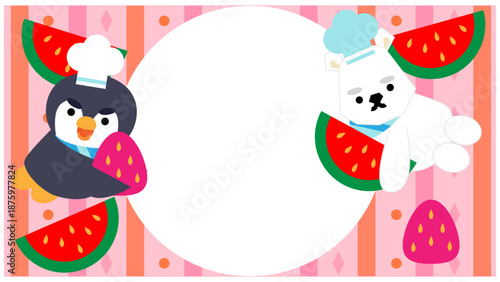 スイカとイチゴに囲まれたペンギンとシロクマのかわいい夏イラスト