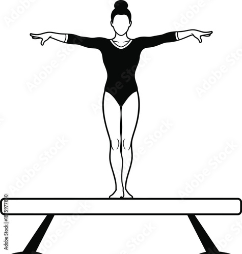 Gymnast Performing on Balance Beam with Arms Extended in Black and White