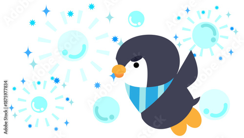 きらきら輝きながら飛ぶペンギンのかわいいキャラクターイラスト