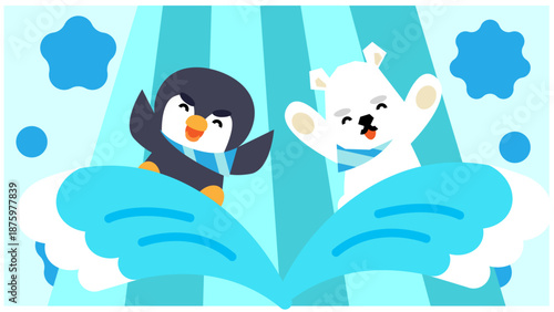 雲の上でジャンプするペンギンとシロクマのかわいいイラスト