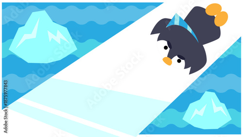 氷のすべり台をすべるペンギンのかわいい冬イラスト