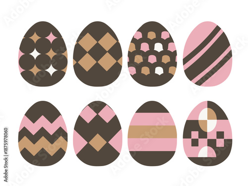 Set of eight Easter eggs decorated with abstract prints in beige, pink, brown and white. Transparent background.