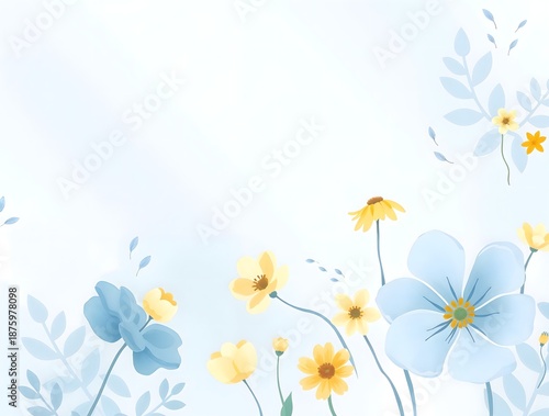 simple illustration of cute cozy doodle Soft pastel Serene blue and yellow floral watercolor background. Calming soft, peaceful and refreshing feel